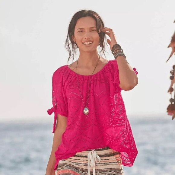 Sundance Paulina Cotton Eyelet Shirt in Aqua Blue Beach Coastal Oversized XS - Picture 9 of 9